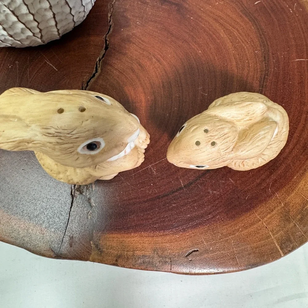 Vintage Ceramic Bunny Rabbit Salt and Pepper Shakers Set Tan White Easter Decor